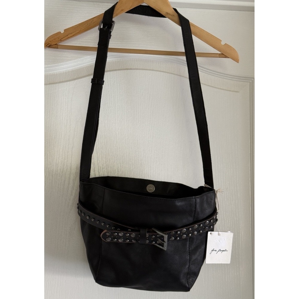 NWT Free People Embellished Studded Leather Bucket Crossbody Bag Black - Picture 14 of 14
